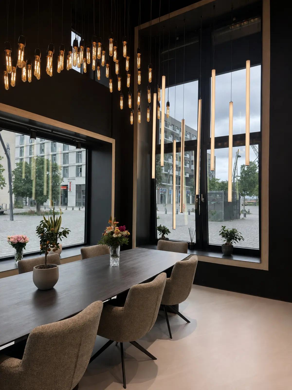 Studio- und Eventbereich mit langem Esstisch, gepolsterten Stühlen und Pendelleuchten vor großer Fensterfront mit HafenCity-Blick
