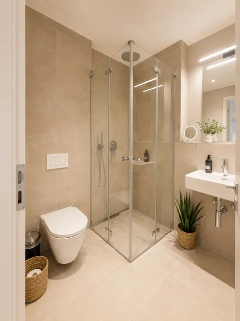 Badezimmer mit Eckdusche und WC nach der Reinigung